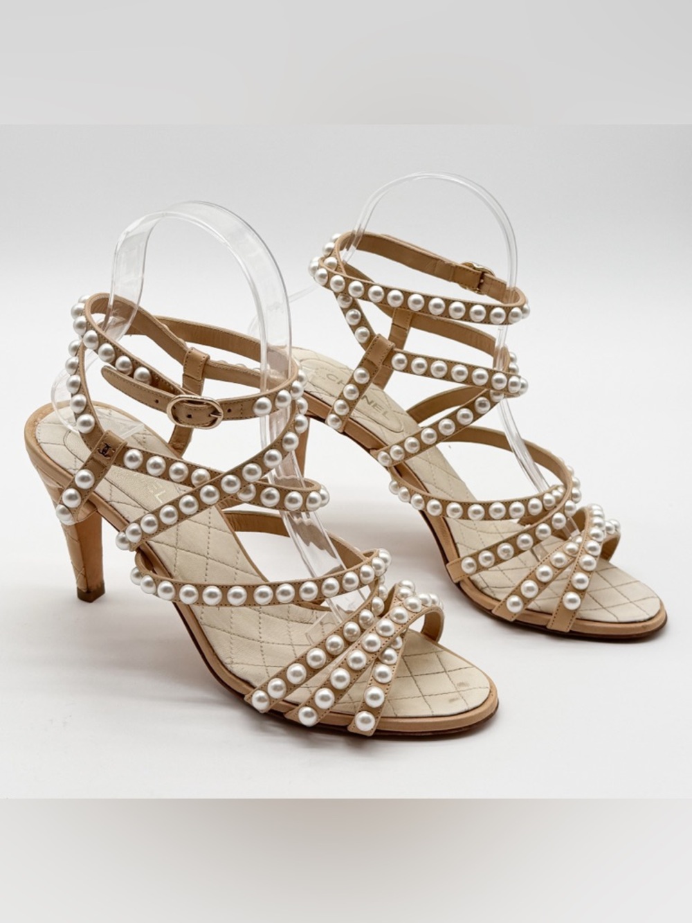 Chanel Beige Quilted Leather Pearl Embellished Ankle Strap Sandals Heels EU 37.5 - Picture 2 of 16